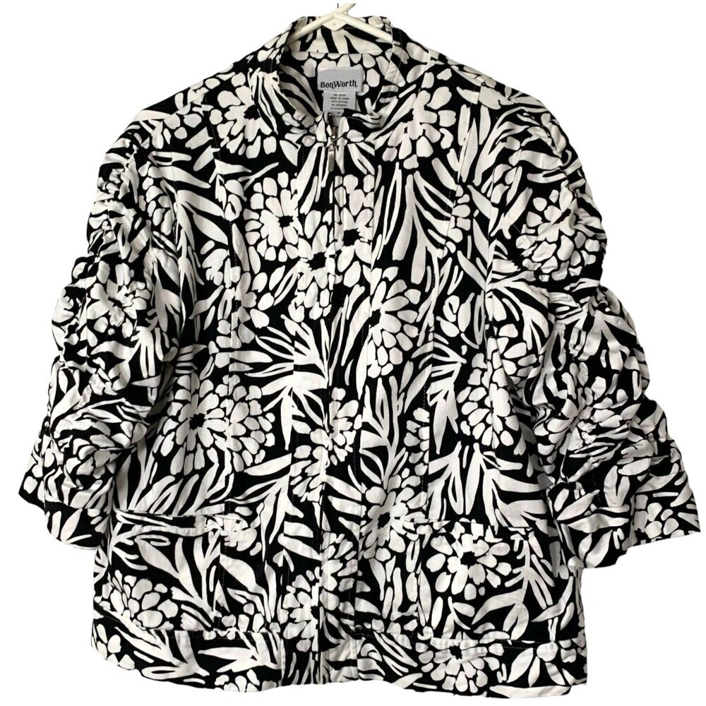 BonWorth Jacket Womens Medium Black/White Cotton Full Zip Ruche Sleeves VTG 60s